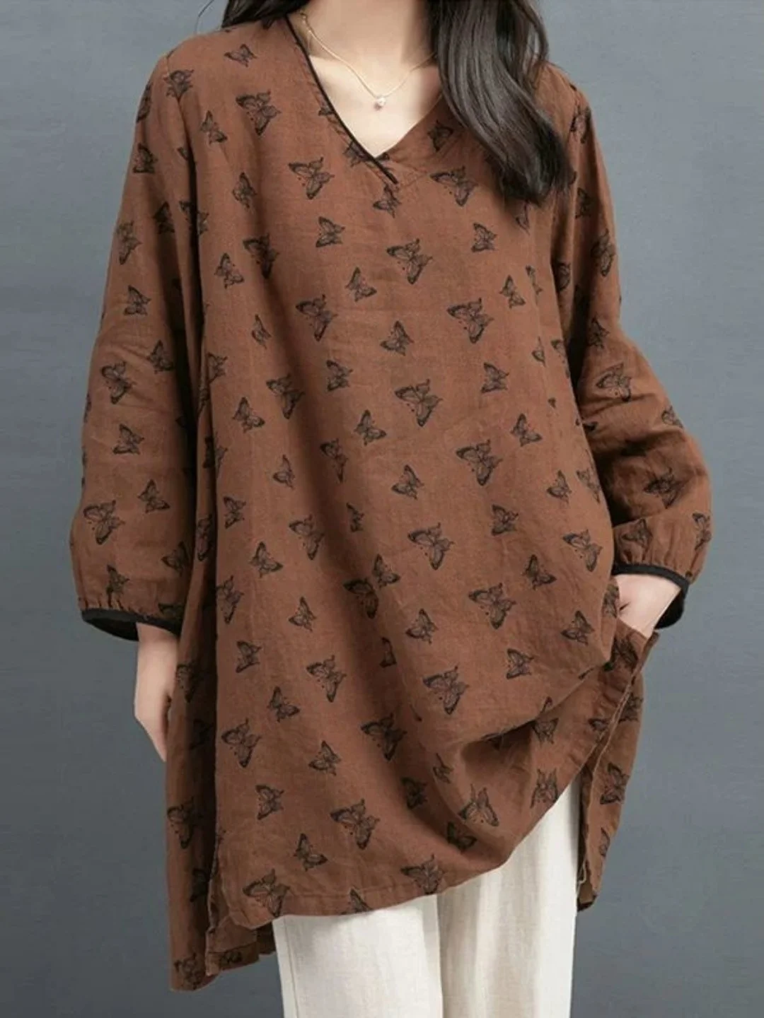 Retro  Print Long Sleeve V-Neck T-Shirt plus Size Loose Mid-Length Weight Concealing Slimming Large Size Top
