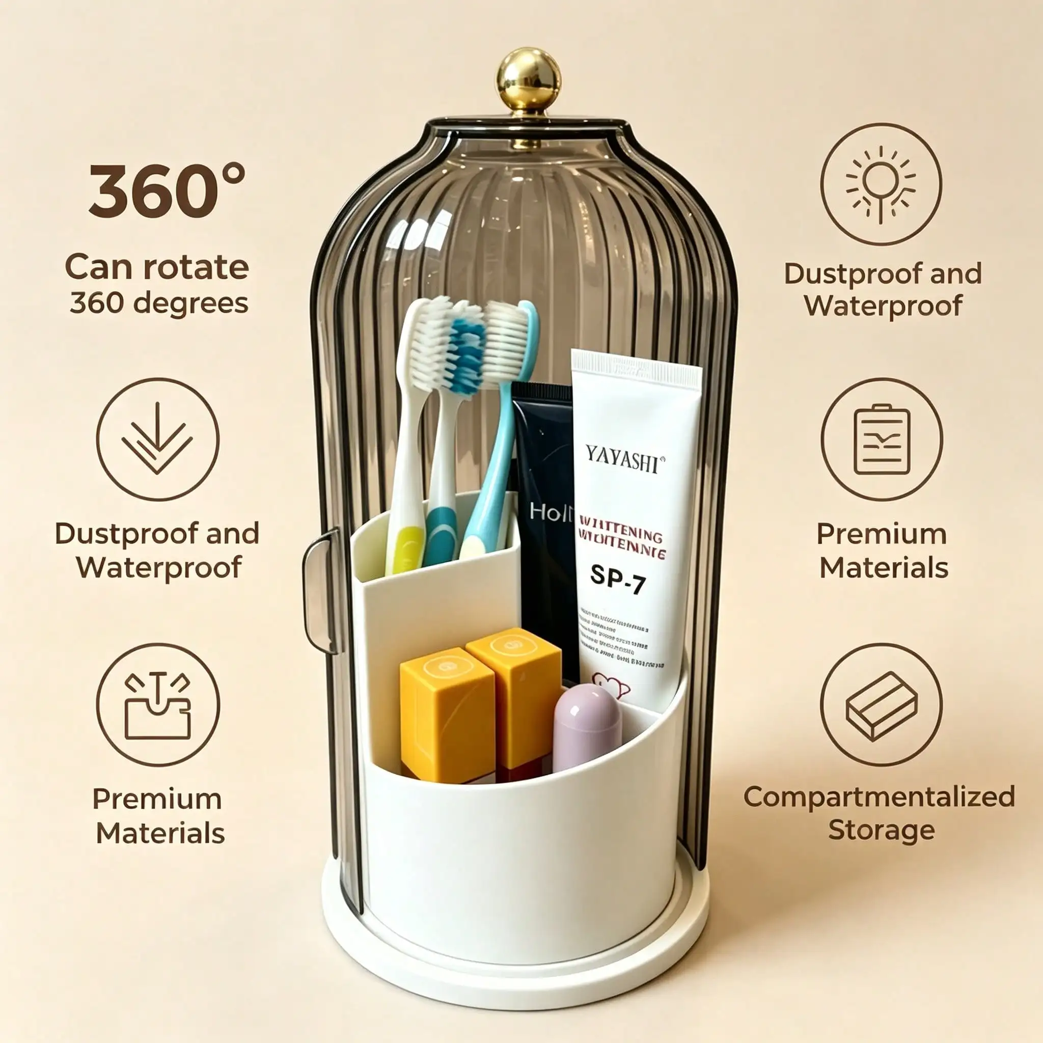 Makeup Brush Holder Organizer With Lid,360 Rotating Dustproof ABS Storage Caddy,3 Slots Sliding Lid Toothbrush Holder With Non-Slip Base,Multi-Use Space-Saving Organizer For Makeup Brushes Toothpaste,Perfect For Vanity Bathroom Home Dorm Apartment