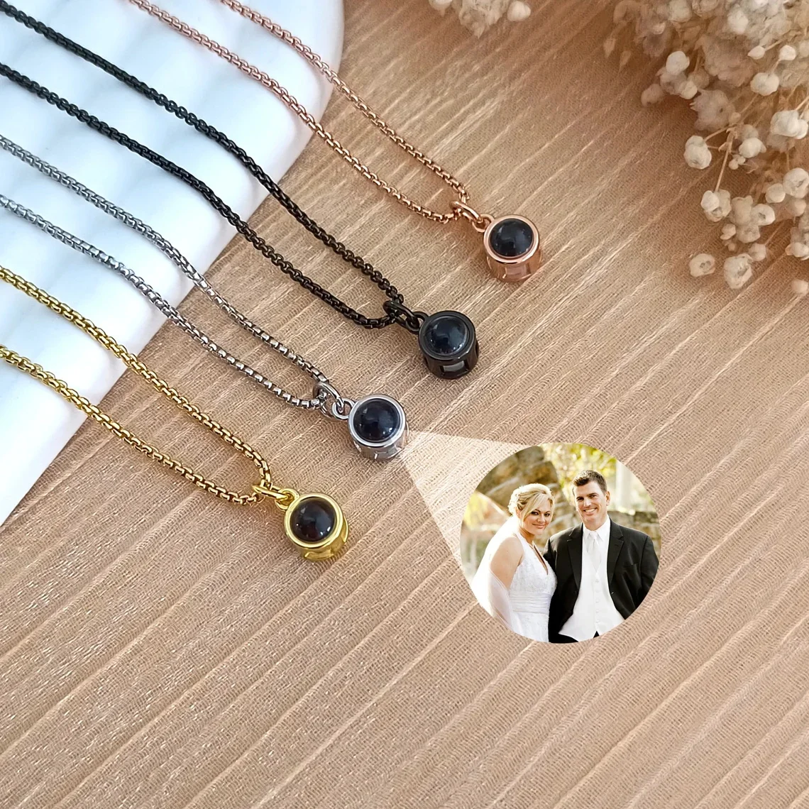 

Custom Photo Projection Necklace For Men Women Stainless Steel Pendant With Picture Inside Memorial Jewelry Mother's Day Gift