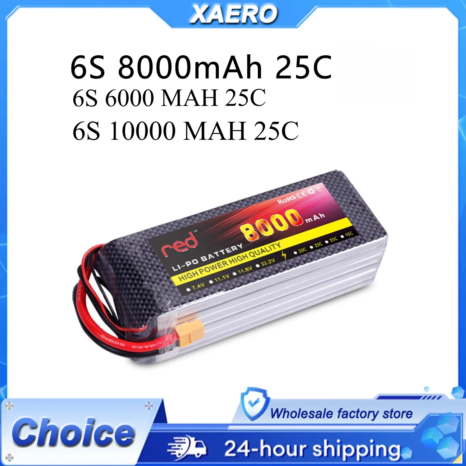 Serie LiPo 6S 25C de alta potencia: 6000 mAh, 8000 mAh, 10000 mAh: para drones FPV de 10 pulgadas y ala fija, rendimiento extremo y vuelo largo
