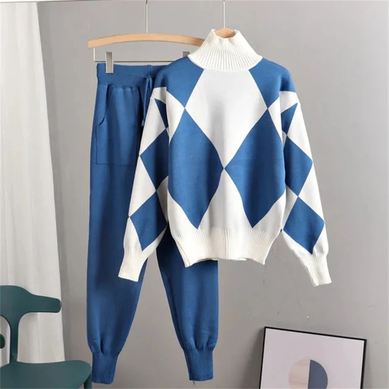 Geomatric Argyle Sweater Knit 2 Piece Sets Autumn Women Casual Loose Turtleneck Pullovers Top+Knit Harem Pants Suits Tracksuits