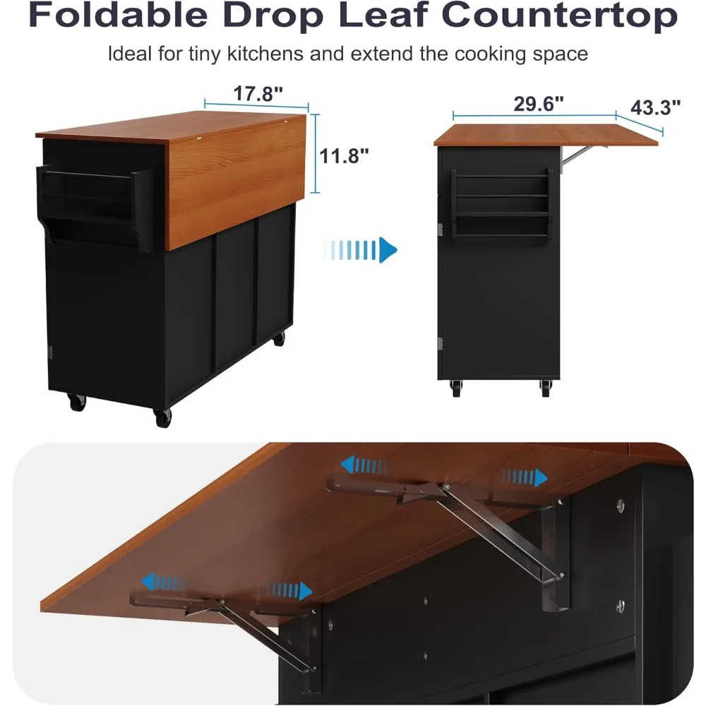 عربة جزيرة المطبخ المحمولة مع أوراق متدلية وأدراج تخزين