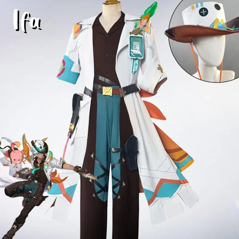 

Костюм для косплея по игре Genshin Impact: белый плащ, униформа, шляпа, сумка, набор реквизита для мужчин, женщин и мальчиков, костюм для вечеринки в стиле Тлалокана на Хэллоуин