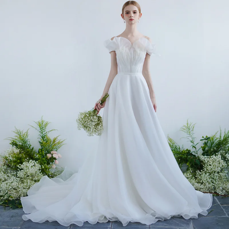 

Foreign Trade Exquisite Sheer Off-Shoulder Slim Sweet Princess Elegant Bride Puffy Wedding Dress Outdoor Forest Style Lawn Sheer