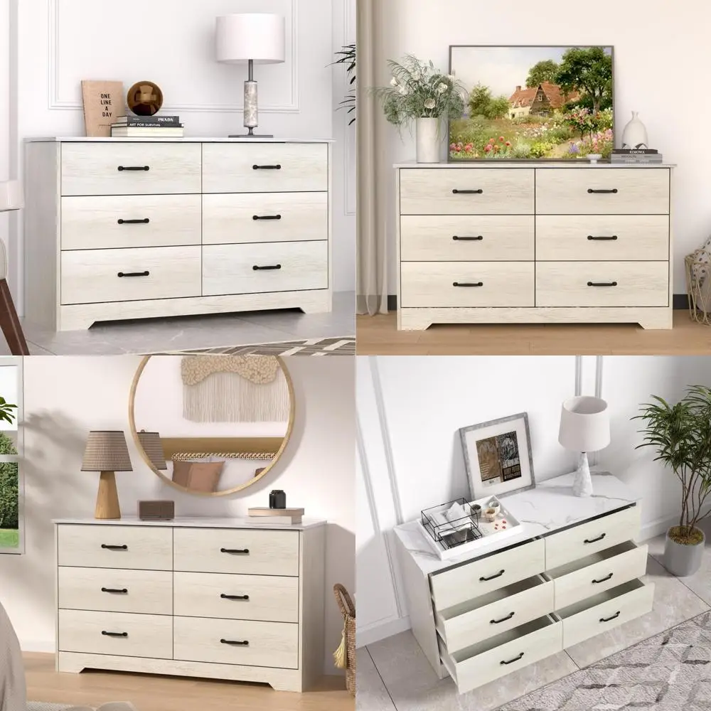 خزانة غرفة نوم مزدوجة ذات 6 أدراج بيضاء مغسولة مع مساحة تخزين وحامل تلفزيون #1