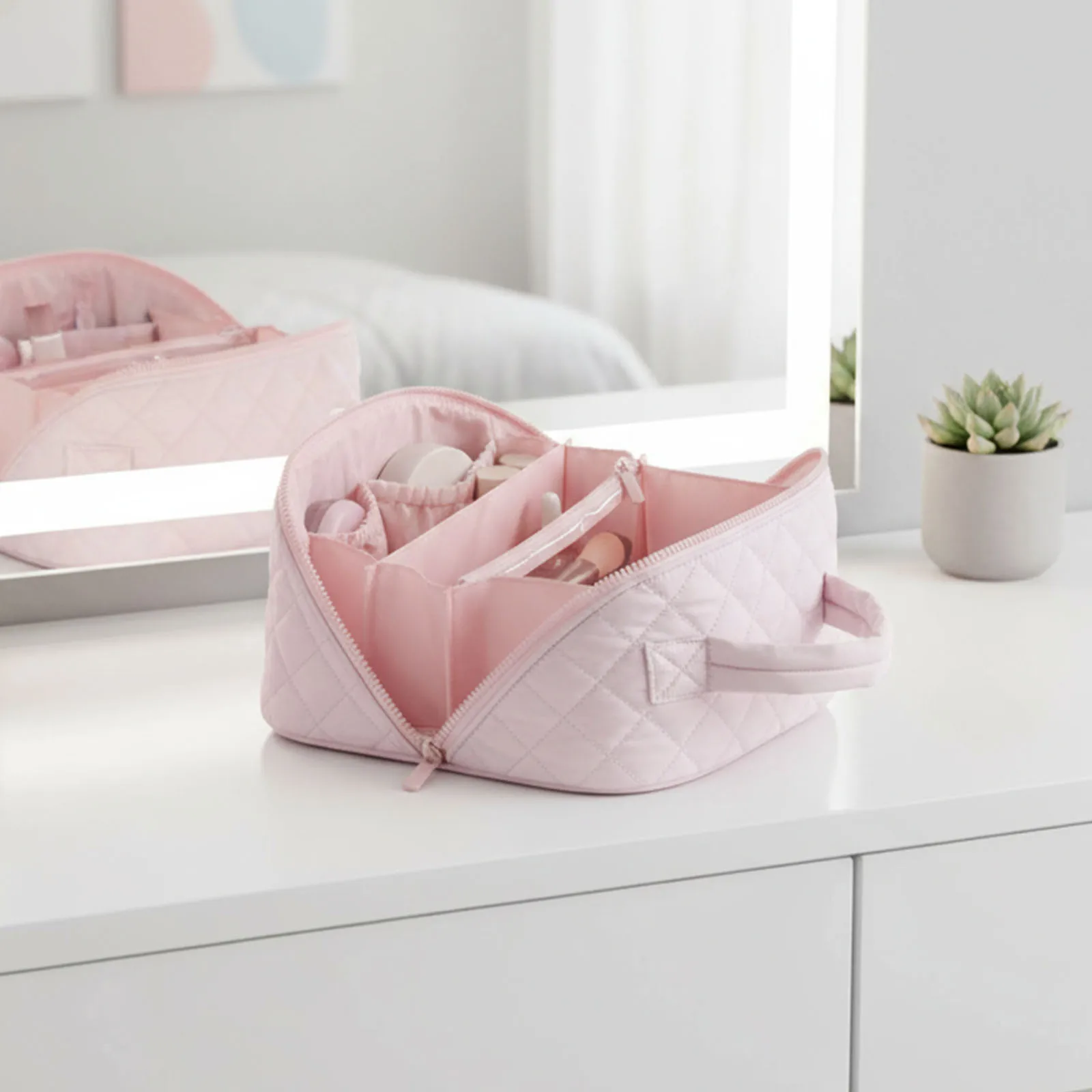 Travel Makeup Bag Open Flat Puffer Makeup Pouch with Brush Compartment & Handle Small Cosmetic Bag Travel Toiletry Bag for Women