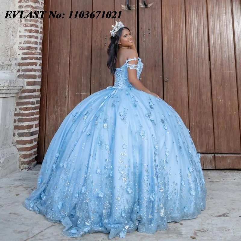 EVLAST Customized Mexican Blue Quinceanera Dress Ball Gown Floral Applique Beading Corset Sweet 16 Vestidos De XV Anos SQ340