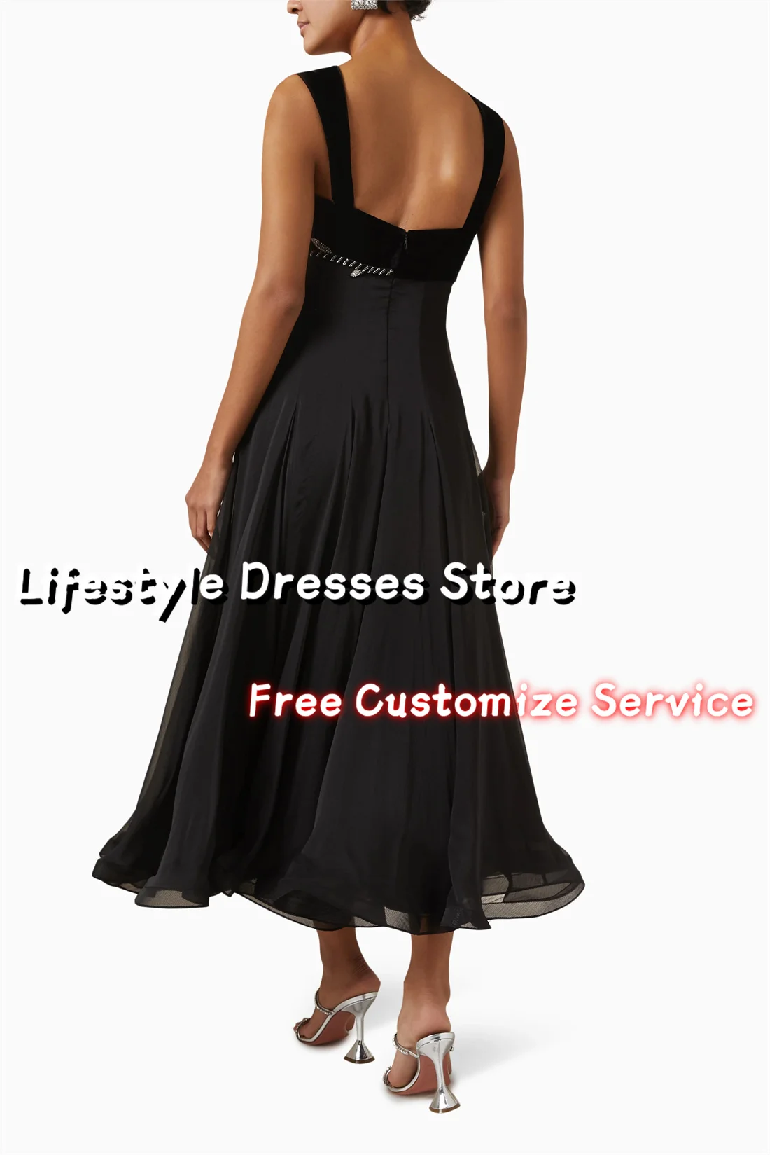 Customized Black A-Line Rose Beaded Evening Dresses Square Neck Sleeveless Prom Dresses Ankle-Length Women Formal Party Dresses