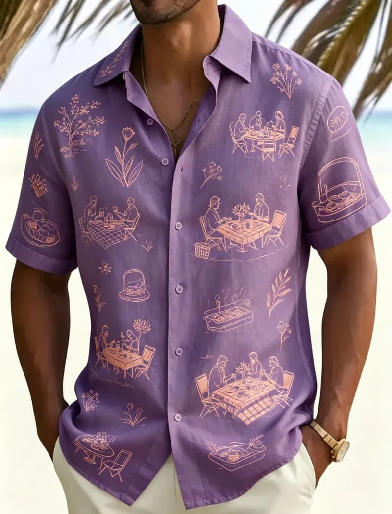 Men's Retro Courtyard Afternoon Tea Floral Niche Print Wide Pine Flower Shirt Summer Versatile Casual Cardigan Top