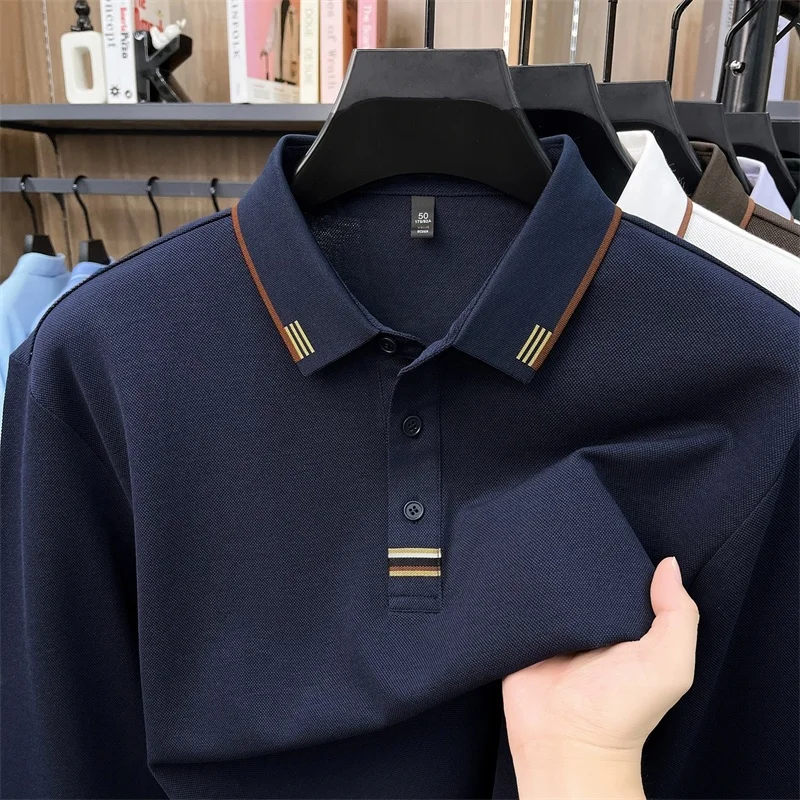 Hochwertiges Herren-Poloshirt aus weicher Baumwolle, Herbst-Neuheit, einfarbig, langärmelig, mit Kragen, modische Business-Herrenbekleidung – Detail 9