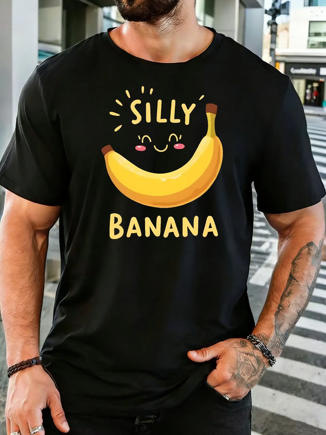 Men Black Crew Neck Tee Silly Banana Text Cute Smiling Blush Yellow Banana Cartoon Fruit Graphic Soft Cotton Casual Top
