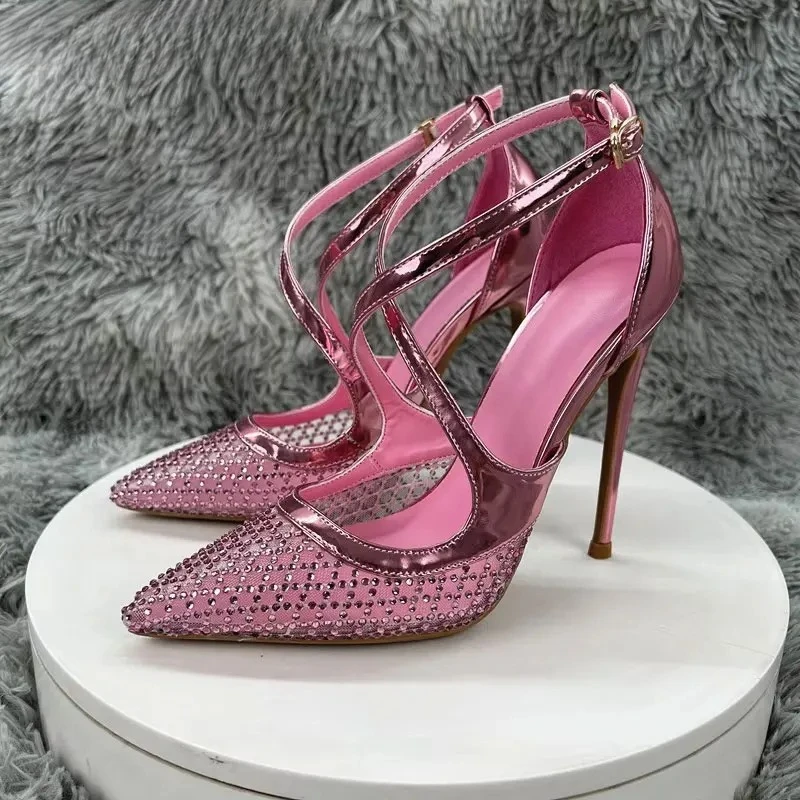 Tikicup Vintage Pink Rhinestone Mesh 10cm 12CM Ultra High Heels Stiletto Cross Ankle Strap Pumps Pointed Toe For Party Evening