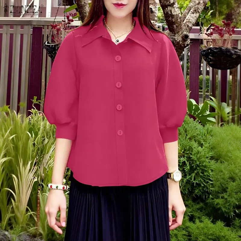 

Summer Woman Casual Shirts Turn-Down Collar 3/4 Lantern Sleeves Button Up Tops ZANZEA Daily Wear Solid Color Chemises Femme