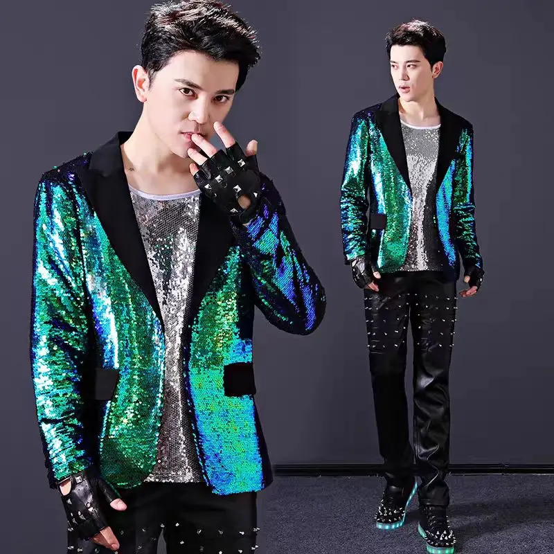 

Shiny Sequined Green Casual Blazers Bar Male Singer Dancer Host Stage Performance Coat Party Show Theme Clubwear