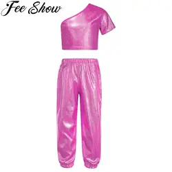 2Pcs Girls One Shoulder Short Sleeve Metallic Crop Top with Pants Outfits Set Kids Hip Hop Jazz Dance Stage Performance Costume