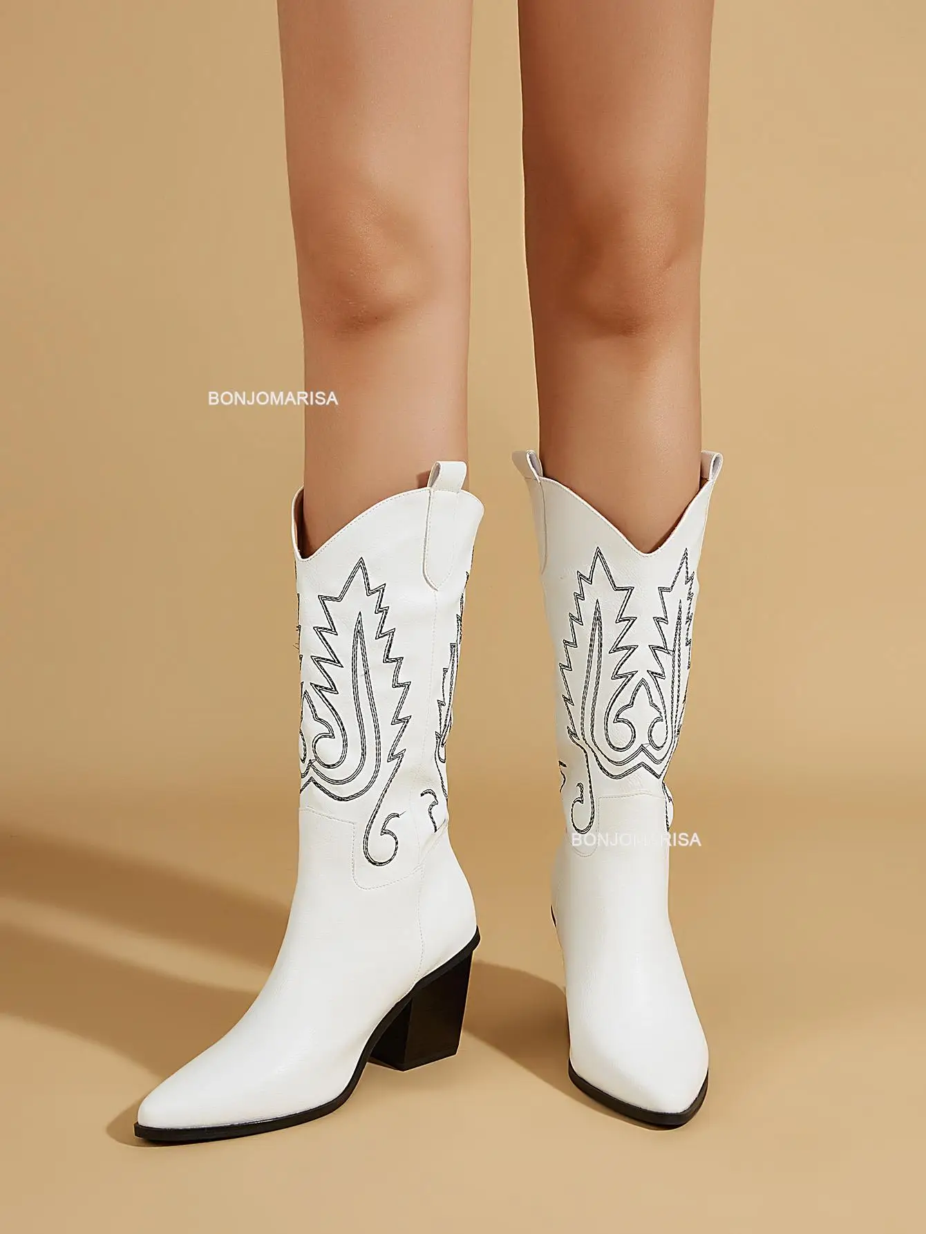 Embroidery Boots Women Fashion Slip On Pure White Western Boots Cowboy Cowgirls Vintage Shoes 2023 Brand New Pointed Toe