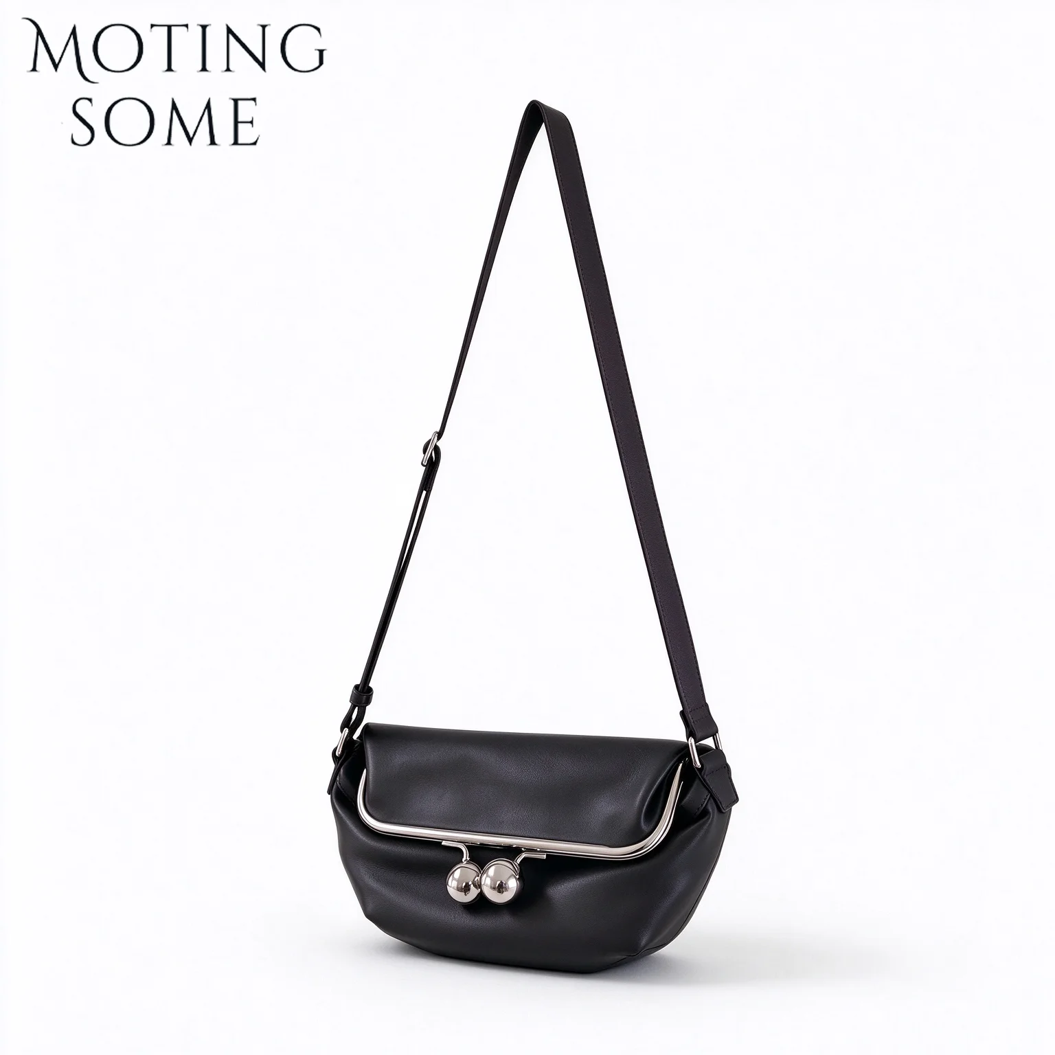 Motingsome Women Soft Leather Saddle Bag Retro Double Bead Metal Lock Large Capacity Crossbody Shoulder Commuter Handbag 2026