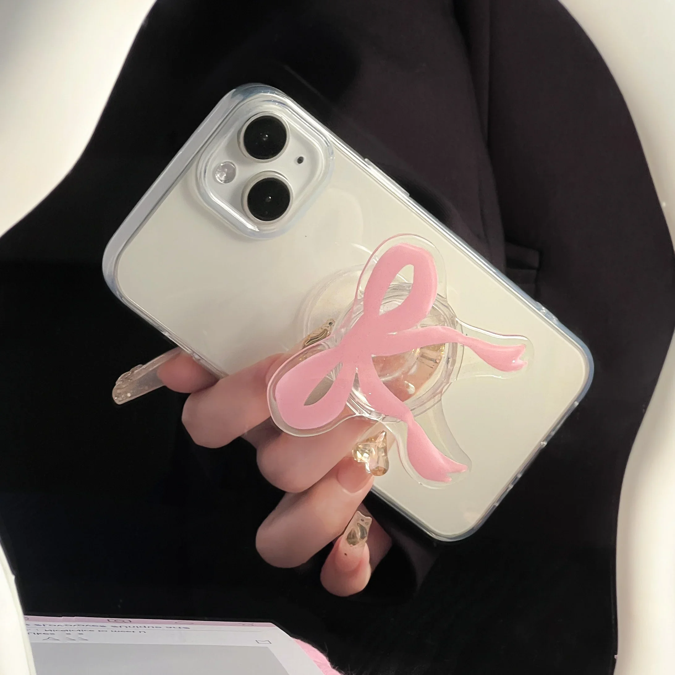 Poignée de support à nœud rose mignon, support de téléphone Tok Griptok adapté à la tablette iPhone 16