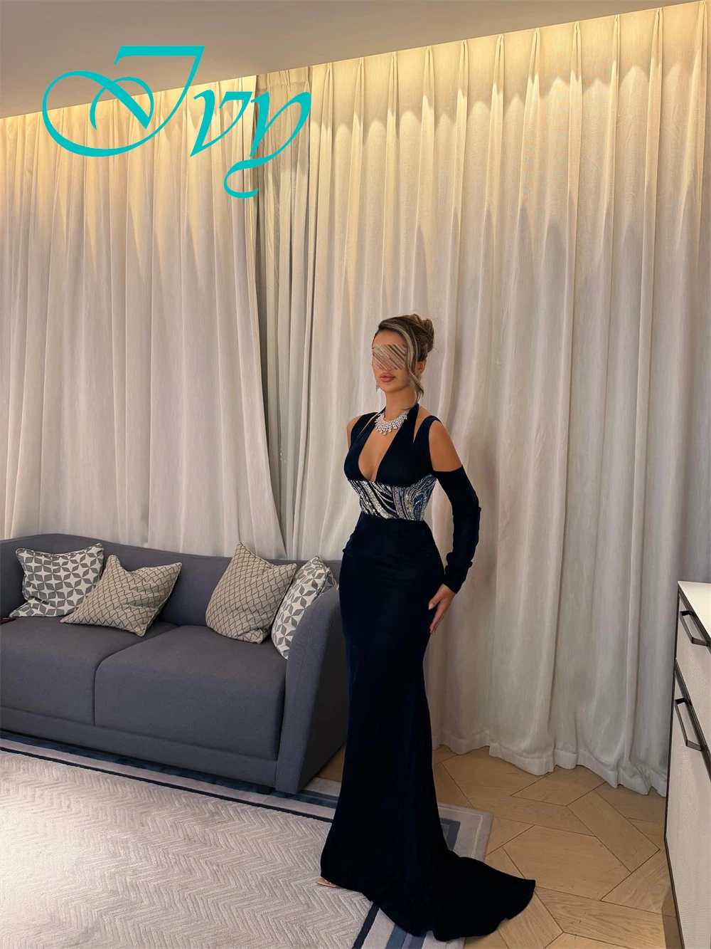 

Customized Luxury Mermaid Jersey Evening Dress Sparkly Long Sleeves Prom Dresses High Quality Halter Special Occasion Gowns