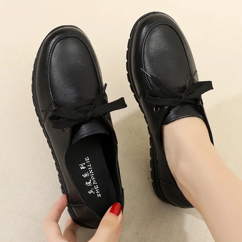 Spring Women Flats Slip-On Sneakers Leather Loafers Lace Up Women Casual Shoes Ladies Footwear Breathable Black Walking Shoes