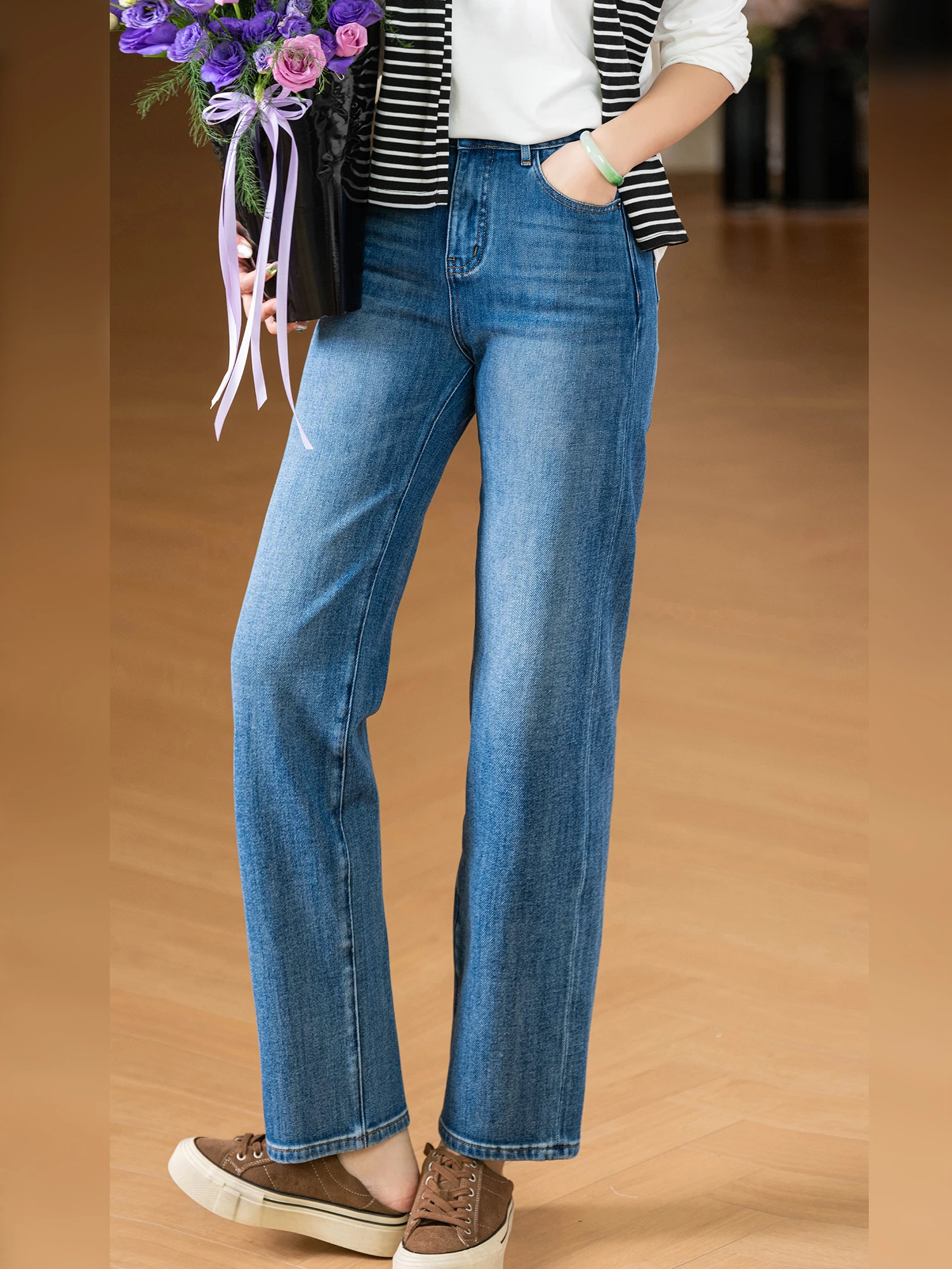 

Дышащие, приятные для кожи, эластичные в четырех направлениях, прямые женские джинсы из хлопка с вышивкой, длиной 7/8, повседневные