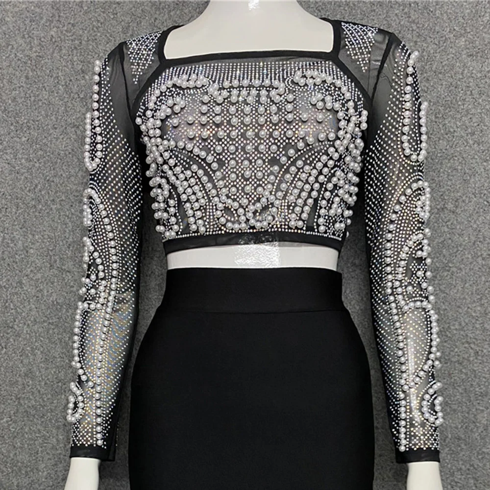 Women Fashion Tops 2022 New Beading Sexy Mesh Long Sleeve Clothes Party Club Spring Autumn Tops