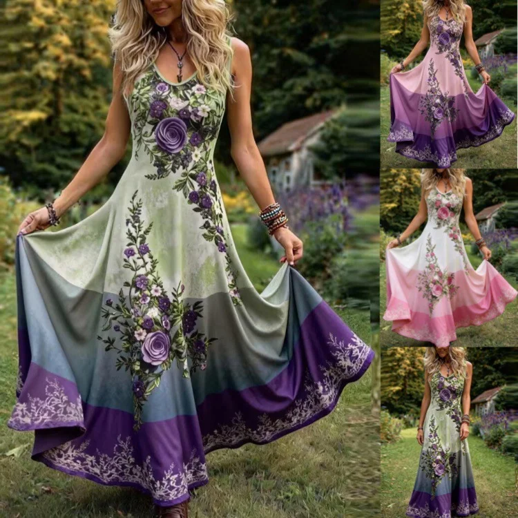 Damen-Maxikleid mit böhmischem Blumendruck, ärmellos, V-Ausschnitt, hohe Taille, A-Linie, langes Kleid, Vintage-Boho-Stil, lässiges Sommer-Party-Sonnenkleid – Detail 2