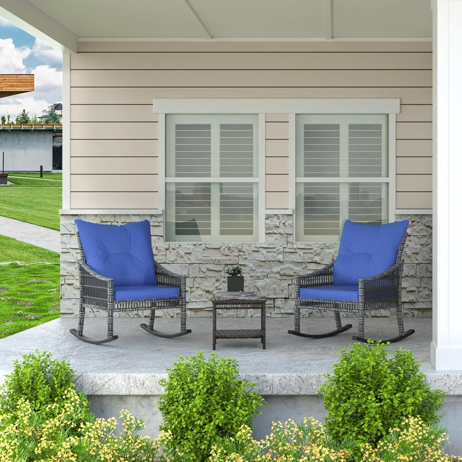 

3pc Rocking Bistro Set PE Wicker Patio Table Steel Frame Balcony Backyard Poolside, Customized