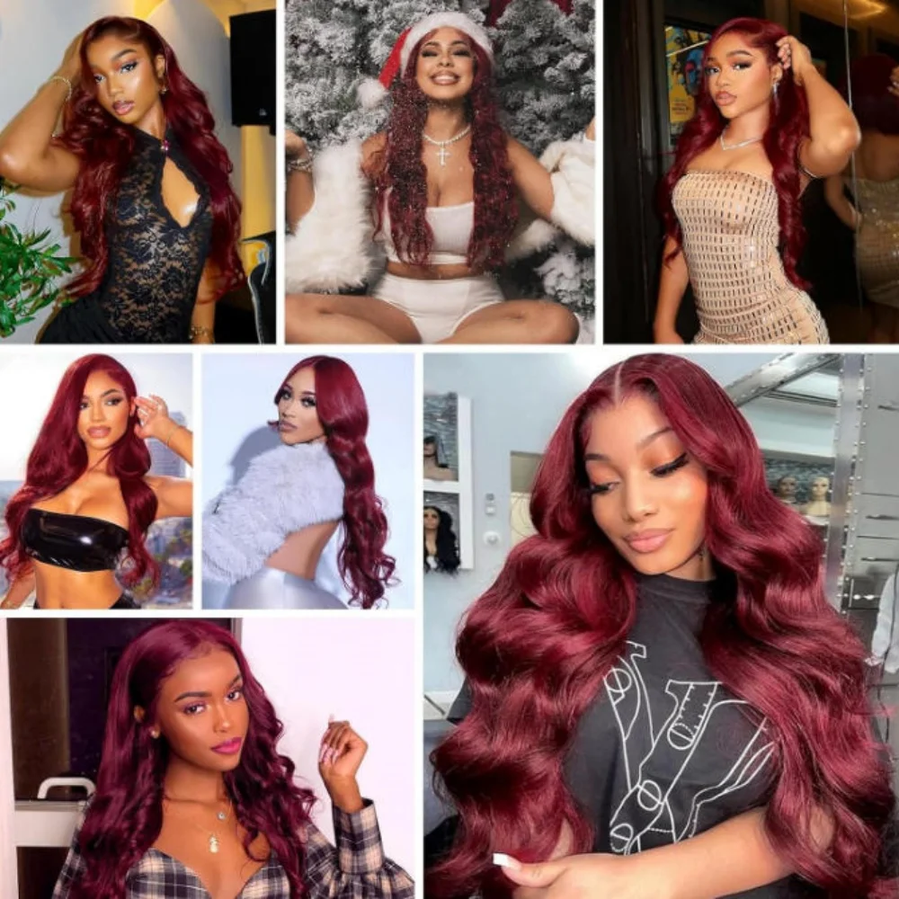 99J Burgundy Body Wave Lace Front Wig 250 Density 13x4 13x6 HD Transparent Lace Frontal Wig Pre Plucked Baby Hair Brazilian Virgin Human Hair Red Colored Wigs For Black Women image 7
