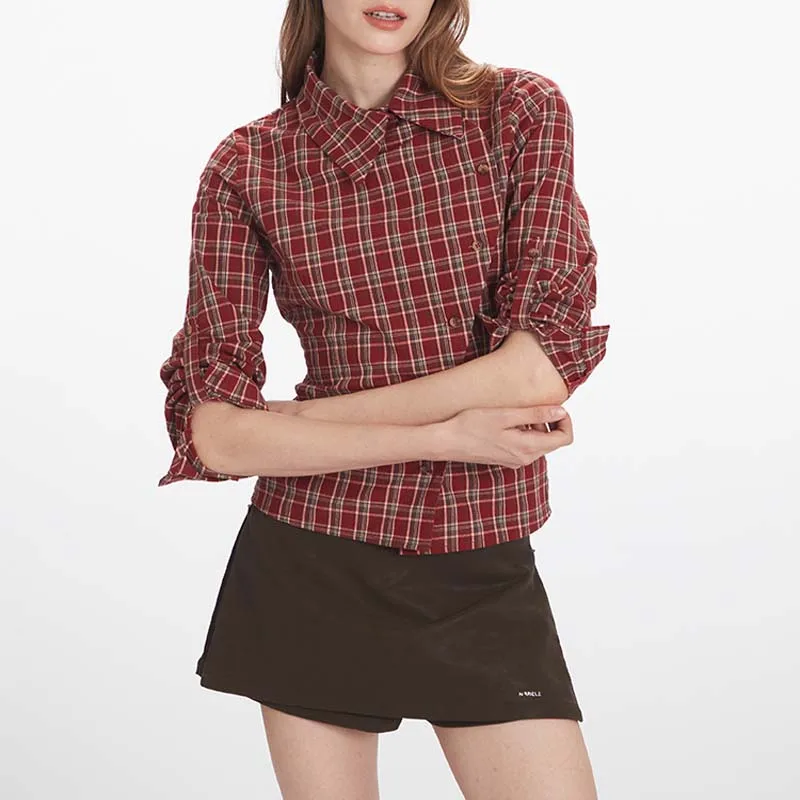 

Хлопковые винтажные клетчатые блузки, женские тонкие топы с длинными рукавами и косыми пуговицами в стиле ретро, весенне-осенние уличные рубашки с отложным воротником