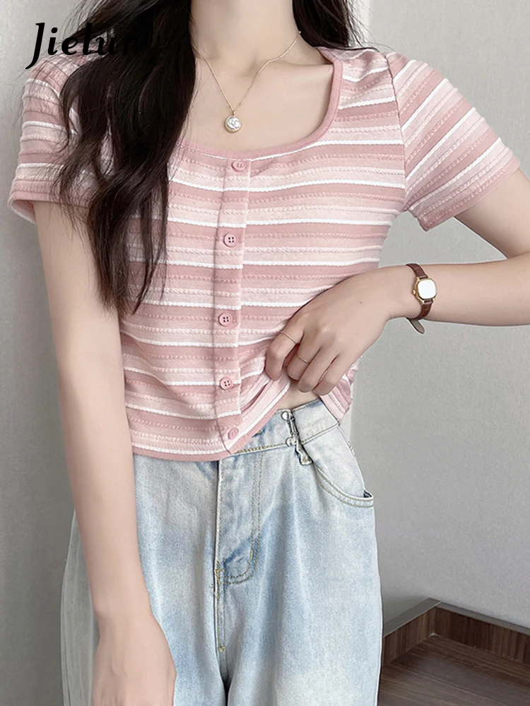 

Jielur Женские футболки в полоску, однотонный милый кардиган в Корейском стиле с квадратным вырезом, модные Универсальные короткие футболки, лето