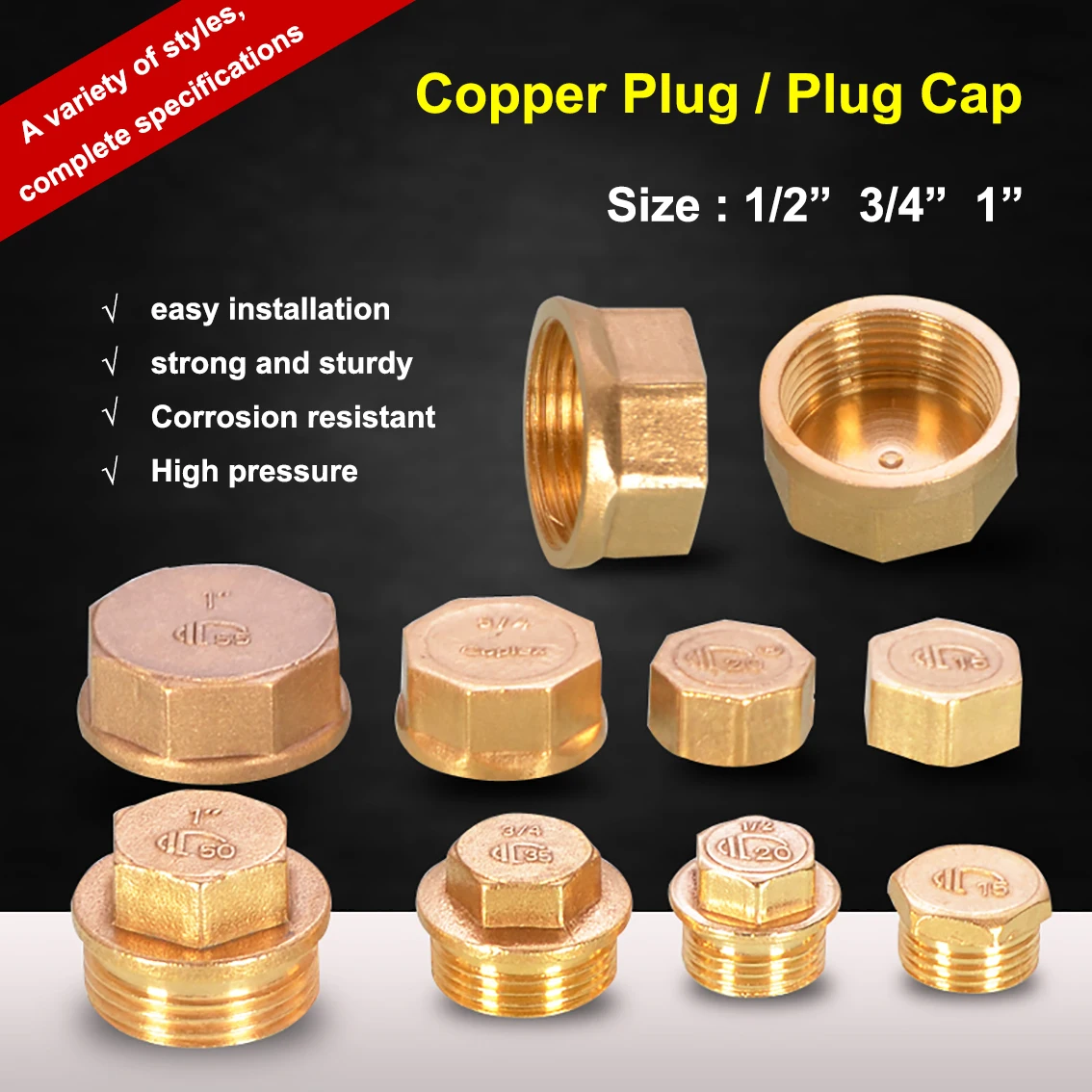 

1/2" 3/4" 1" Full Brass Male Female Plugs Cap Copper Screw Plug Stopper For Ssealing Action Pipe Fitting Pneumatic Accessories