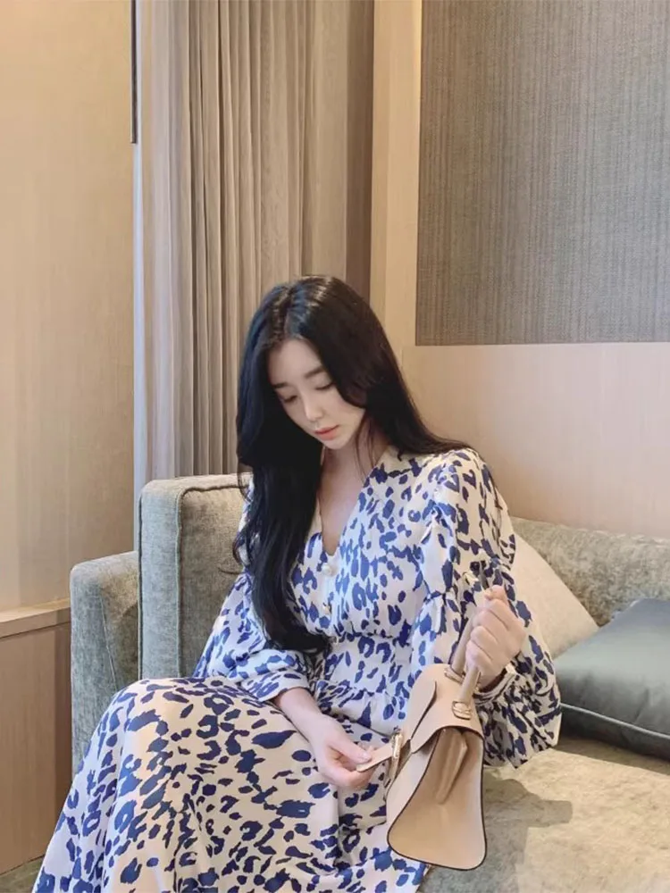 Chic Vintage V-ne Pearl Button High Waist Slimming Bubble Sve Print Dr Women's Korean Sle Long Sve Spring Dr