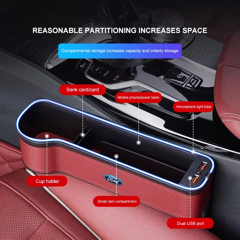 Car Seat Storage Box With Ambient Light And Cup Holder For Ford Ranger Focus Kuga Mustang S-MAX Transit Mondeo Fusion Fiest Edge