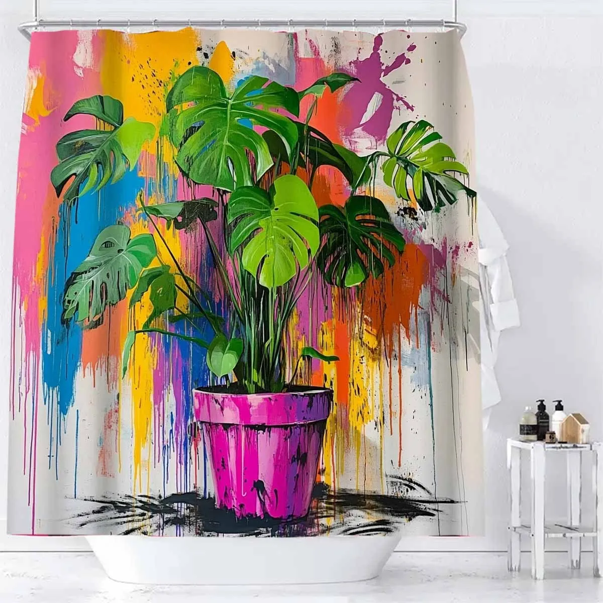 

1 шт. яркая занавеска для душа в горшках с 12 пластиковыми крючками, полиэфирная ткань, можно стирать в машине, красочный декор для ванной комнаты,