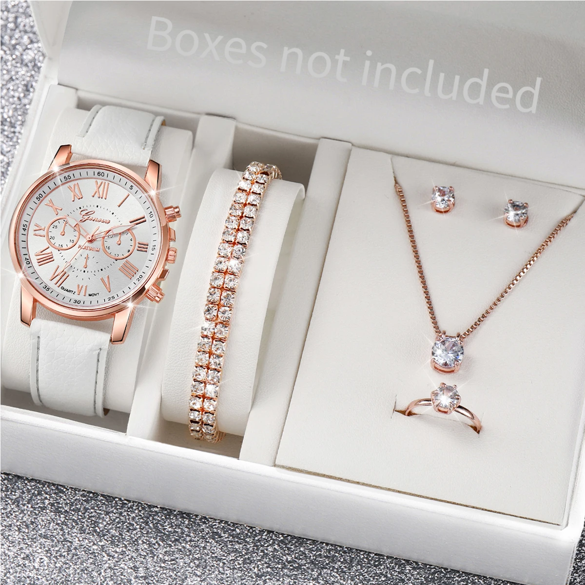 Rose Gold White Leather Ladies Watch Set Chronograph Clock Cubic Zirconia Bracelet Necklace Earrings Ring Jewelry Kit For Women
