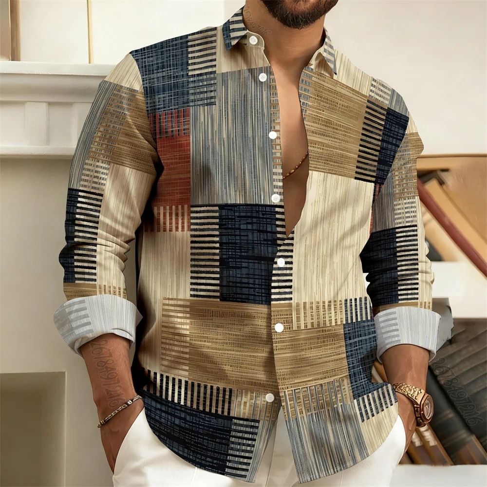 Men's Long-Sleeved Shirt, Vintage Style with Patchwork and 3D Print, Fashionable and Stylish, High-Quality Men's Collared Top.