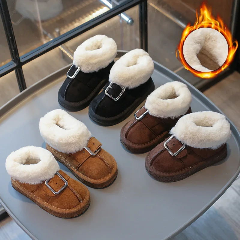 Children's Korean Version Low Top Hairy Mouth Snow Boots 2024 Winter Boys and Girls with Thick Plush Solid Color Cotton Boots