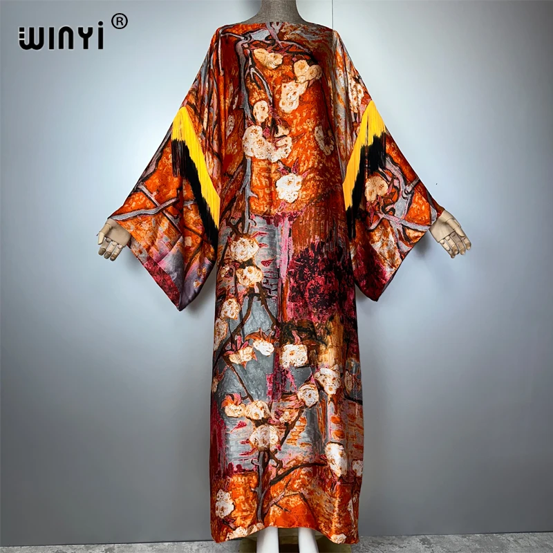 WINYI Gradual tassel dress abaya muslim woman boho robe Maxi Long Femme Vestidos holiday Elegant abaya dubai luxury kkaftan