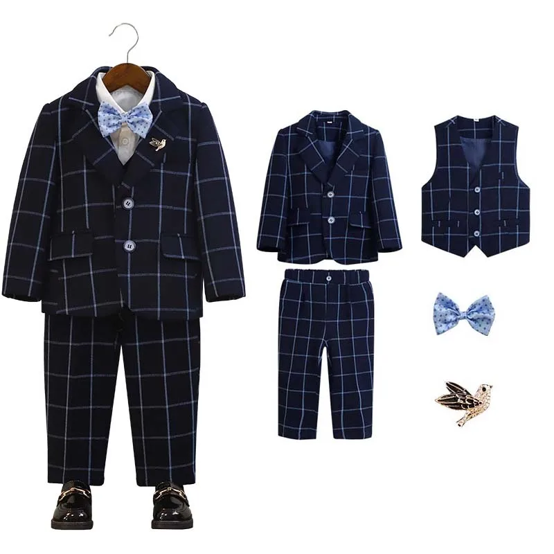 Children Plaid Blue Jacket Vest Pants Bowtie Bird 5PCS Luxurious Photograph Dress Kids Birthday Party Suit Boys Wedding Tuxedo