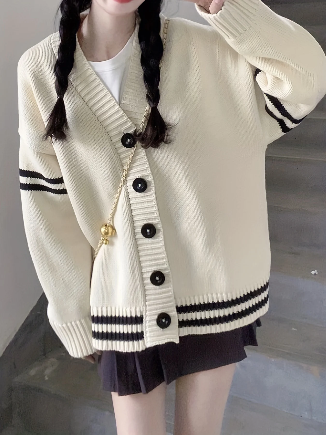 Female Lazy Vintage Striped Loose Cardigan Sweater Women\'s Korean Kawaii Single Breasted V Neck Knit Cardigan