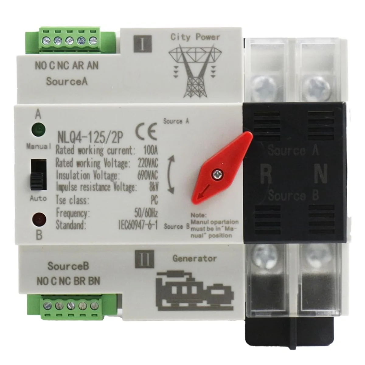 Automatic Transfer Switch 2P 100A Din Rail Mount Dual Power Switch for Generators Electrical Selection Switch NLQ4-2P