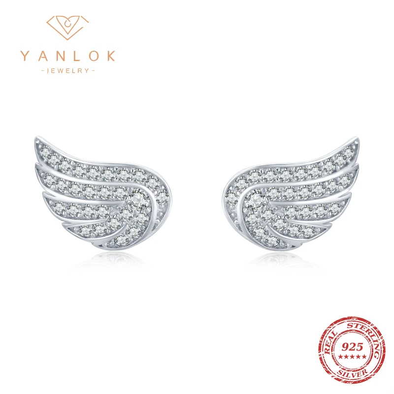 YANLOK Clear CZ Beautiful Elegant Feather Angel Wings Hight Quality 925 Sterling Silver Stud Earring for Women Jewelry Bijoux