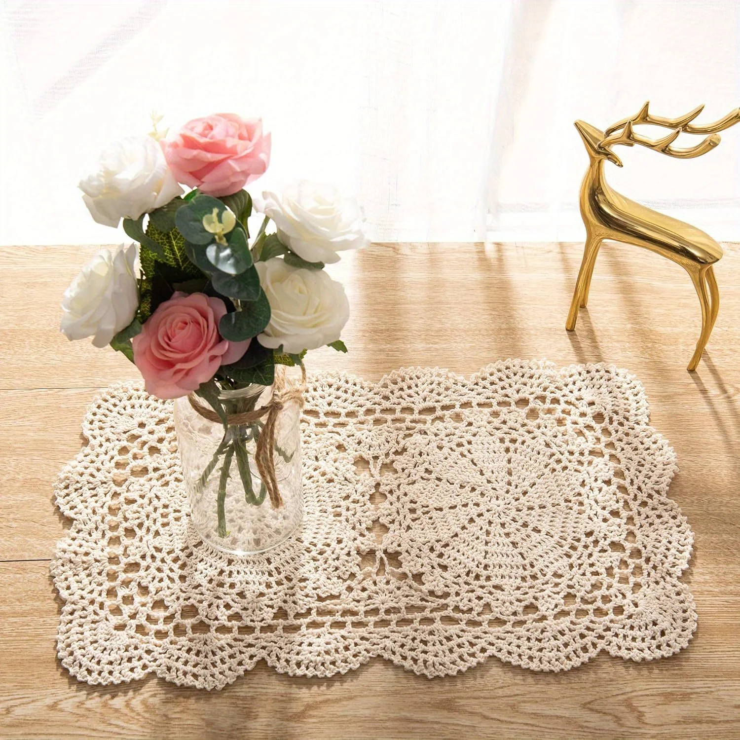 2 pcs Handmade Rectangle Doilies, 2-Piece Handmade Crochet Cotton Doilies Lace Table Crochet Placemats Coaster