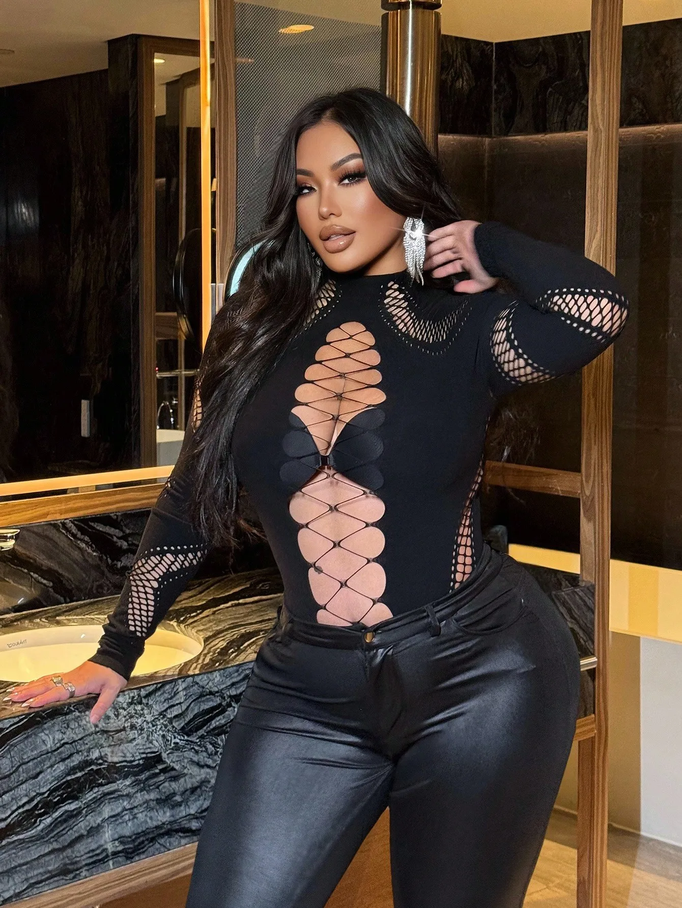 Sexy Damen-Body, einfarbig, langärmelig, Ninght Club Wear, aushöhlen, Netzstoff, durchsichtiger Overall