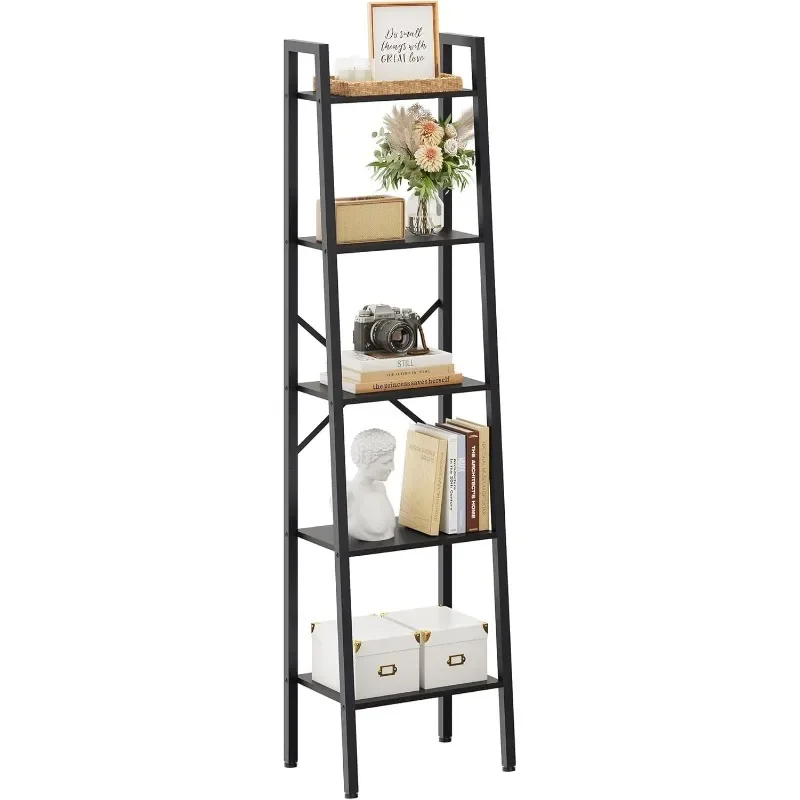 5-Tier Industrial Ladder Bookshelf, Narrow Ladder Shelf, Tall Standing Bookshelf, Skinny Open Ladder Shelf, for Living Room,