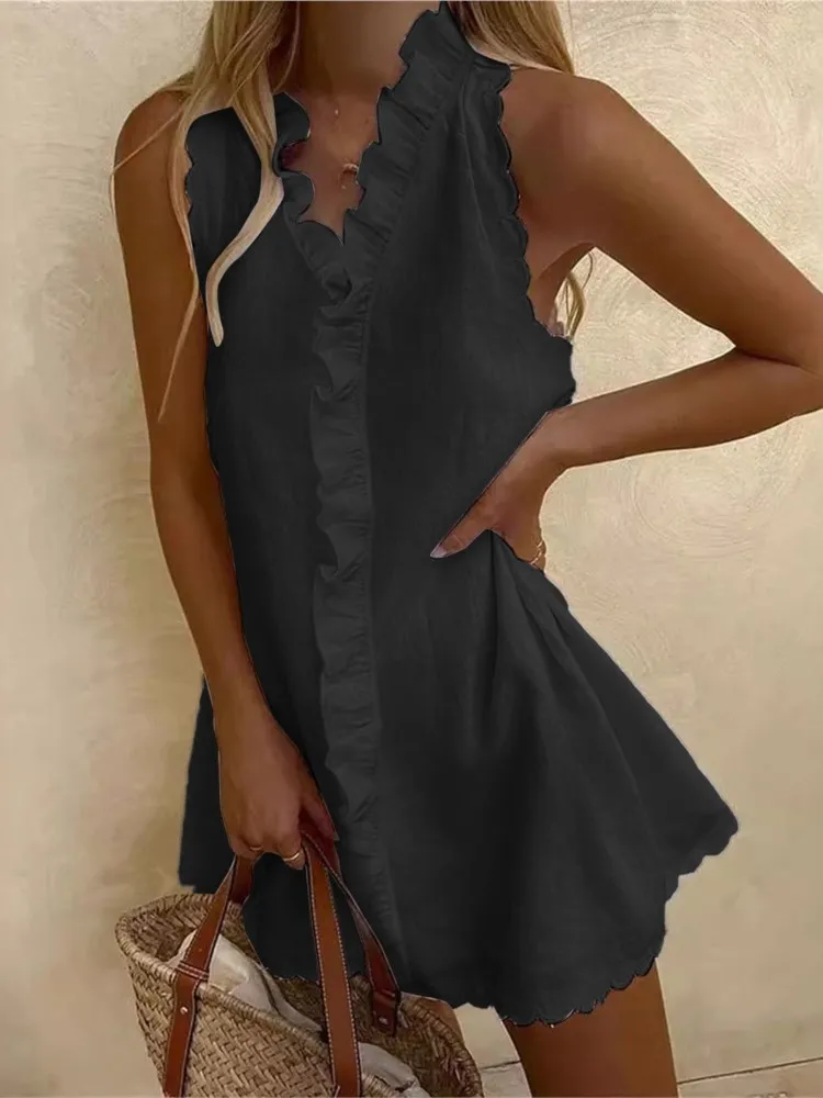 Summer New Casual Cotton And Linen White Dress Women V Neck Ruffles Sleeveless Elegant Boho Beach Party Mini Dresses Female Robe