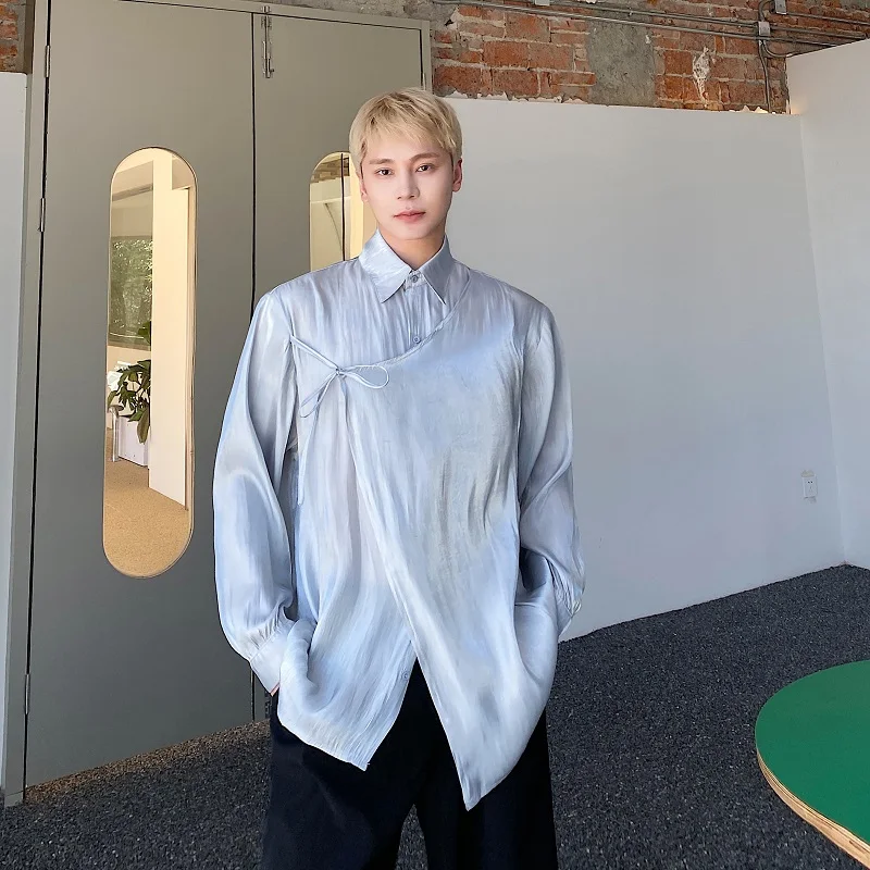 

Spring Summer New Sle Men's Long Sve irt Satin Folded Multi-layered Tie Collar Design Sensation Trendy Loose Fit Youth...