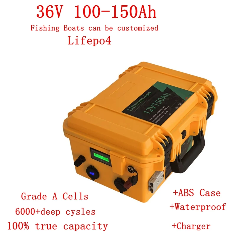 Waterproof 36V 150Ah 100Ah 120Ah LiFepo4 lithium battery pack with BMS for fishing boats solar system motor EV RV+10A charger