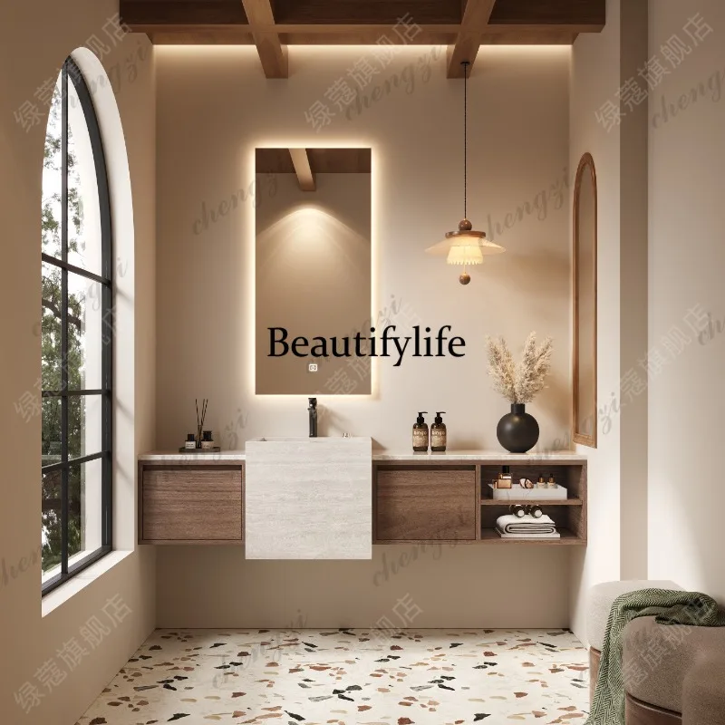Rock slab integrated basin, solid wood bathroom cabinet combination, seamless sink with storage drawers, wall-mounted